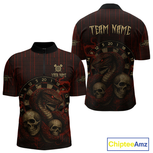 Red Dripping Cobra Dartboard Custom Men's Quarter-Zip Darts Shirt Grunge Skull Darts Jersey NYN1796