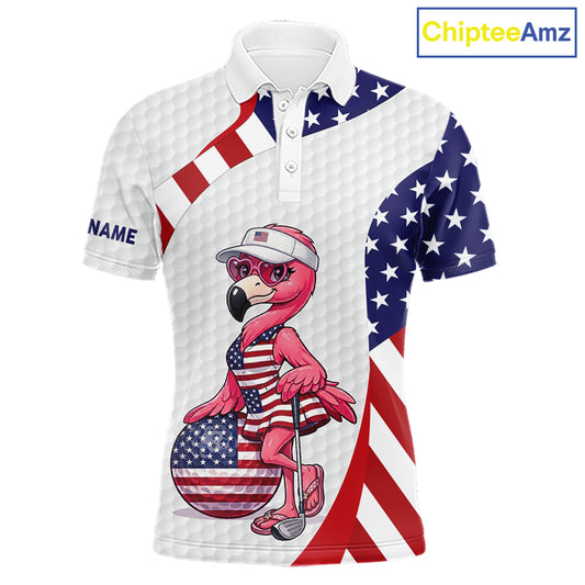Flamingo Custom Name White American Flag Patriotic Golf Mens Polo Shirt, Flamingo Golf Clothing For Mens NYN2960
