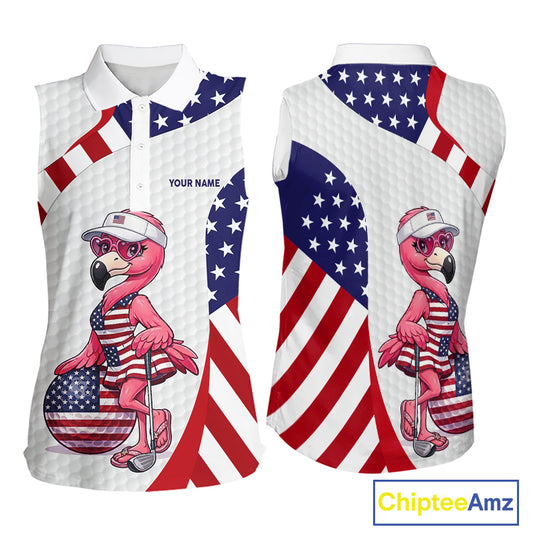 Flamingo Custom Name White American Flag Patriotic Golf Womens Sleeveless Polo Shirt, Flamingo Golf Clothing For Womens NYN2960