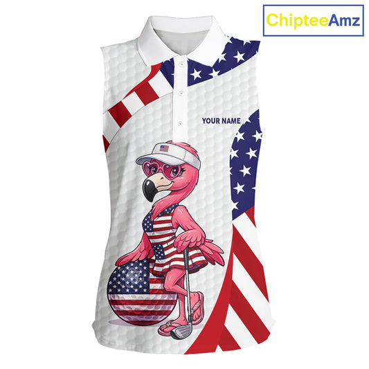 Flamingo Custom Name White American Flag Patriotic Golf Womens Sleeveless Polo Shirt, Flamingo Golf Clothing For Womens NYN2960