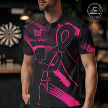 Load image into Gallery viewer, Man wearing a black and pink polo shirt with a graphic design in a bar setting