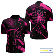 Load image into Gallery viewer, Black and pink grunge ribbon dart shirt for men breast cancer awareness dart jersey