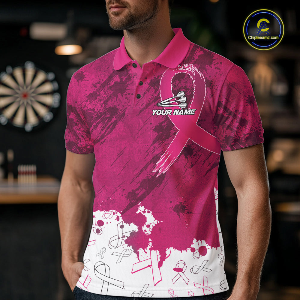 White & Pink Grunge Ribbons Pattern Breast Cancer Dart Shirt For Men Custom Dart Team Jerseys NYN3347