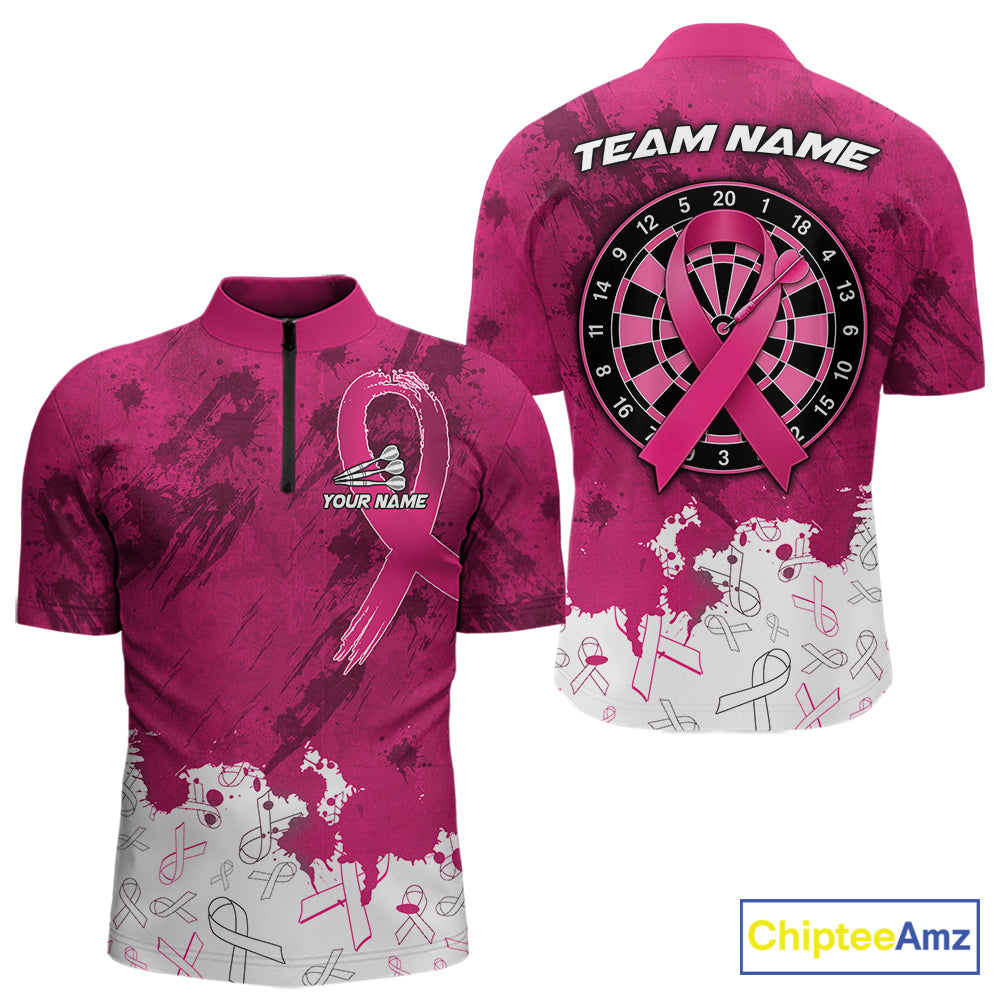White and pink grunge ribbon dart shirt for men breast cancer dart team jersey