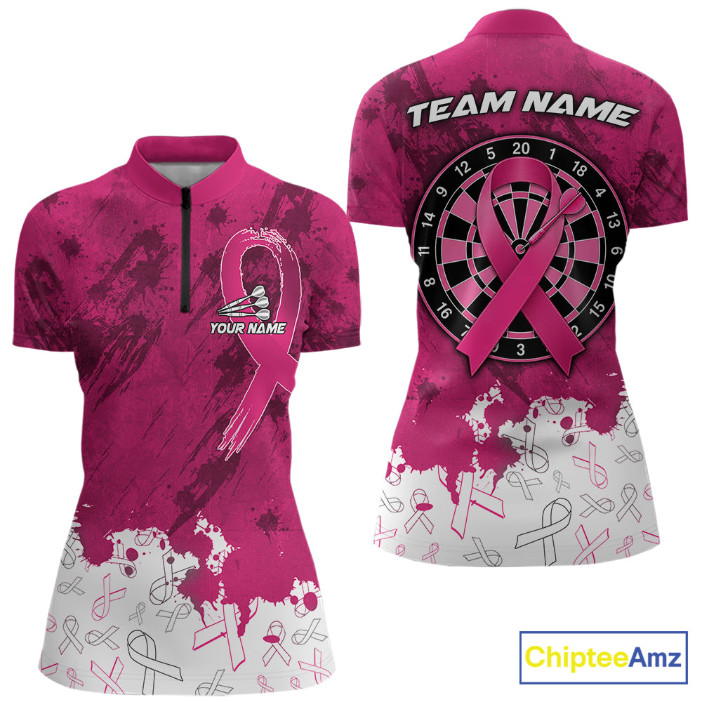 White and pink grunge ribbon dart shirt for women breast cancer dart team jersey
