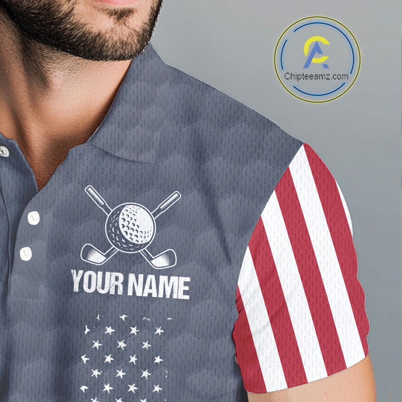 Male golfer wearing personalized American flag golf polo with grey golf ball design during tournament, ideal for patriotic golfers, veterans, golf clubs, Father's Day gifts and USA team spirit.
