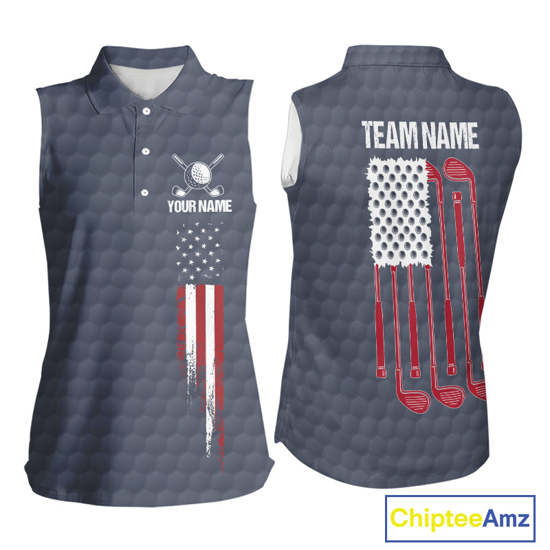 Women's sleeveless golf polo featuring grey golf ball pattern and American flag patriotic artwork, personalized performance golf apparel for USA golf teams, tournaments, Memorial Day, Independence Day, symbolizing freedom and national pride