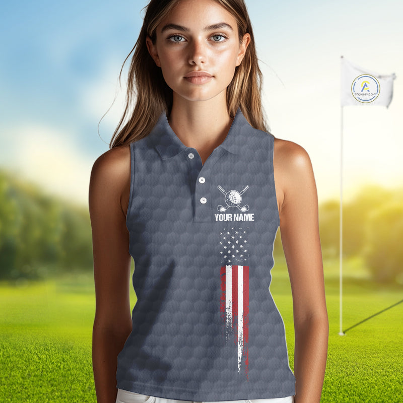 Female golfer wearing custom patriotic golf polo with grey golf ball pattern, perfect for ladies golf league, Memorial Day tournaments, Independence Day golf outings, symbolizing freedom, confidence and teamwork.