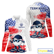 Load image into Gallery viewer, Women's golf polo with splash painting golf ball graphics and American flag accents, custom performance golf shirt for golf clubs, leagues and patriotic sporting events with artistic expression