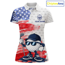 Load image into Gallery viewer, Women's golf polo with splash painting golf ball graphics and American flag accents, custom performance golf shirt for golf clubs, leagues and patriotic sporting events with artistic expression