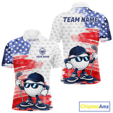 Load image into Gallery viewer, Men's golf polo featuring colorful splash painting golf ball graphics with American flag artwork, custom performance golf shirt for men's golf tournaments, league play and patriotic golfers, representing creativity, energy and USA spirit.