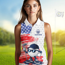 Load image into Gallery viewer, Female golfer wearing artistic patriotic golf polo featuring colorful splash golf ball artwork, perfect for women's golf leagues, charity tournaments and Independence Day celebrations.
