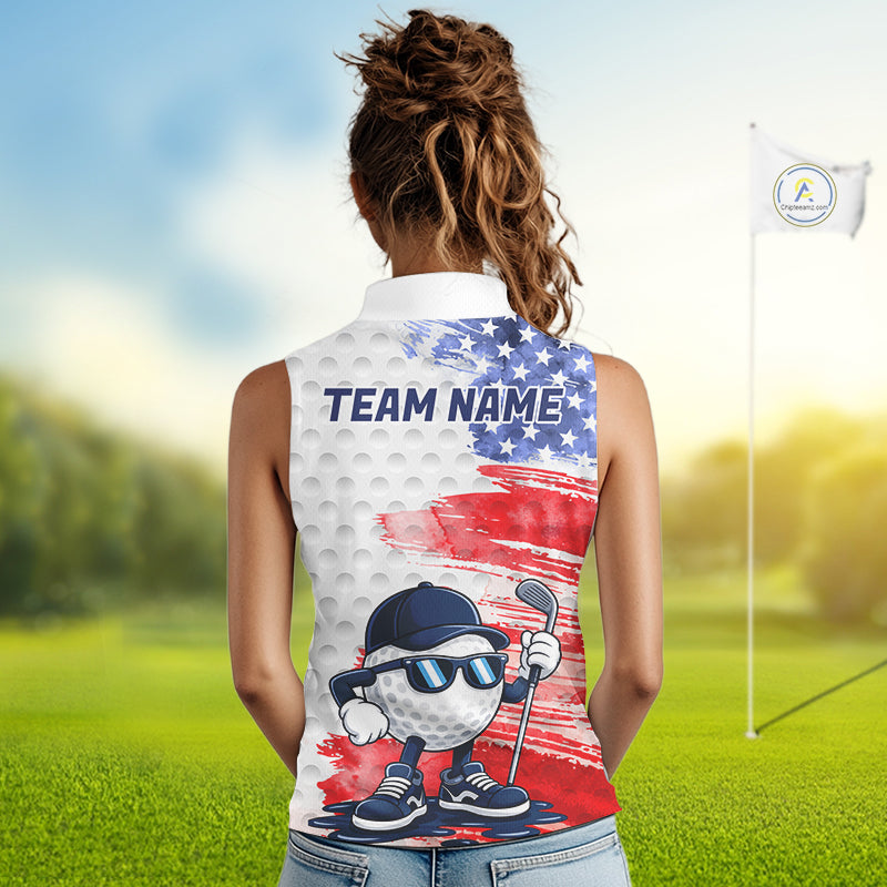 Female golfer wearing artistic patriotic golf polo featuring colorful splash golf ball artwork, perfect for women's golf leagues, charity tournaments and Independence Day celebrations.