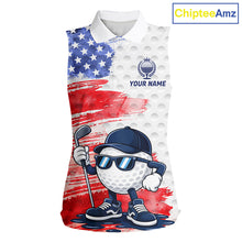 Load image into Gallery viewer, Women's sleeveless golf polo featuring colorful splash paint golf ball and patriotic American flag artwork, personalized golf apparel for artistic golfers, summer tournaments and USA golf teams, symbolizing creativity and freedom.