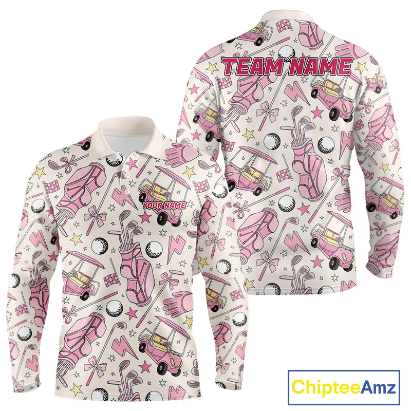 Men's personalized golf polo featuring pink golf ball and golf clubs design, lightweight performance golf apparel for golf teams, charity tournaments, Father's Day gifts and golf vacations, symbolizing confidence, teamwork and golf lifestyle.