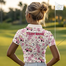 Load image into Gallery viewer, Female golfer wearing custom pink golf polo with golf clubs, stylish ladies golf apparel for tournaments, golf resorts and golf club events, representing confidence and friendship.