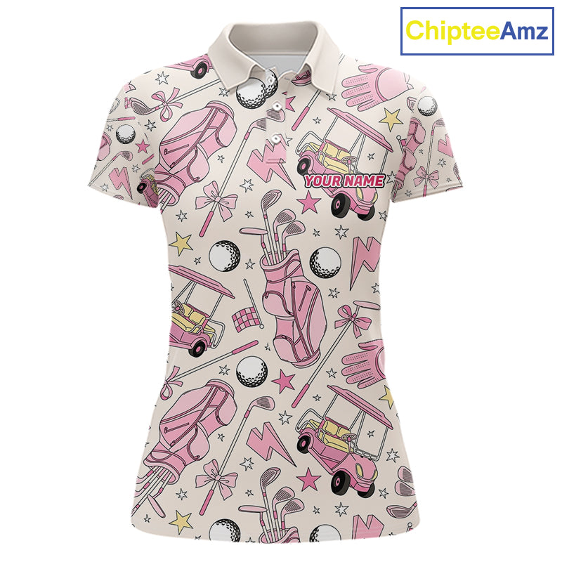Women's golf polo with elegant pink golf club graphics, custom performance golf shirt for ladies golf leagues, Mother's Day gifts, golf outings and team uniforms.