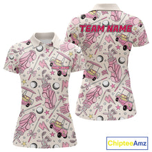 Load image into Gallery viewer, Women's golf polo with elegant pink golf club graphics, custom performance golf shirt for ladies golf leagues, Mother's Day gifts, golf outings and team uniforms.