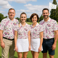 Load image into Gallery viewer, Personalized golf team wearing matching pink golf polos with golf club artwork, ideal for ladies golf associations, charity golf events and breast cancer awareness tournaments.