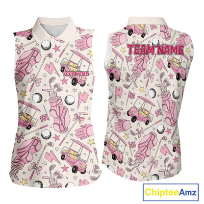 Women's sleeveless golf polo featuring pink golf balls and golf clubs, personalized ladies golf apparel for tournaments, golf vacations and women's golf teams, symbolizing friendship, confidence and golf lifestyle.