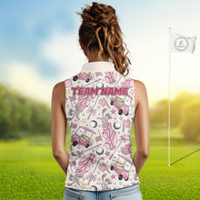 Load image into Gallery viewer, Female golfer wearing custom pink golf polo with golf clubs, stylish ladies golf apparel for tournaments, golf resorts and golf club events, representing confidence and friendship.