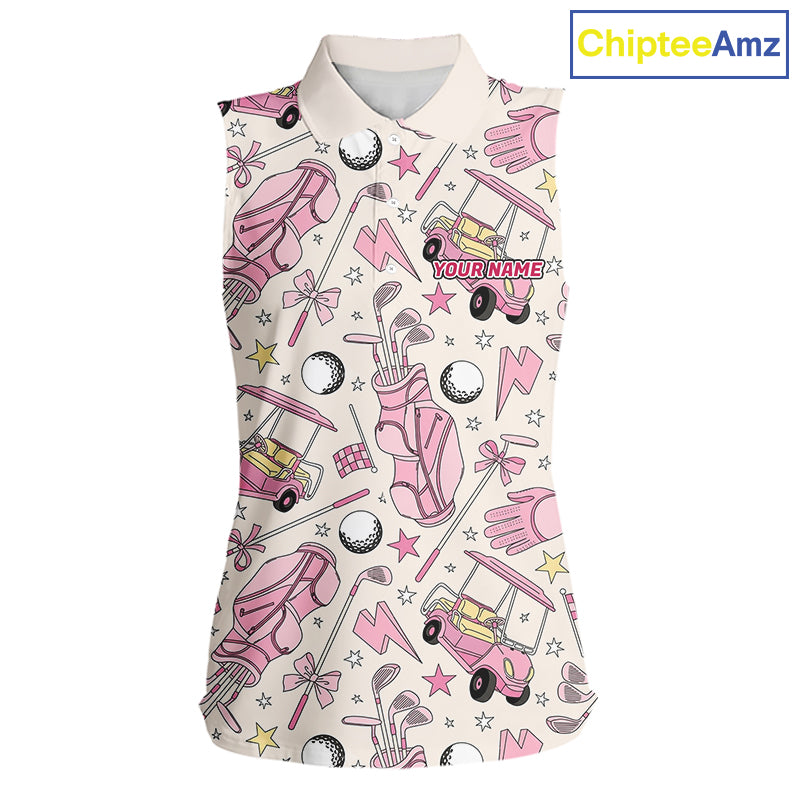 Women's sleeveless golf polo featuring pink golf balls and golf clubs, personalized ladies golf apparel for tournaments, golf vacations and women's golf teams, symbolizing friendship, confidence and golf lifestyle.