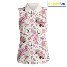 Load image into Gallery viewer, Women's sleeveless golf polo featuring pink golf balls and golf clubs, personalized ladies golf apparel for tournaments, golf vacations and women's golf teams, symbolizing friendship, confidence and golf lifestyle.