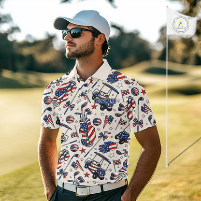 Male golfer wearing American flag golf polo with pink golf clubs during patriotic golf tournament, symbolizing freedom, brotherhood and golf tradition.
