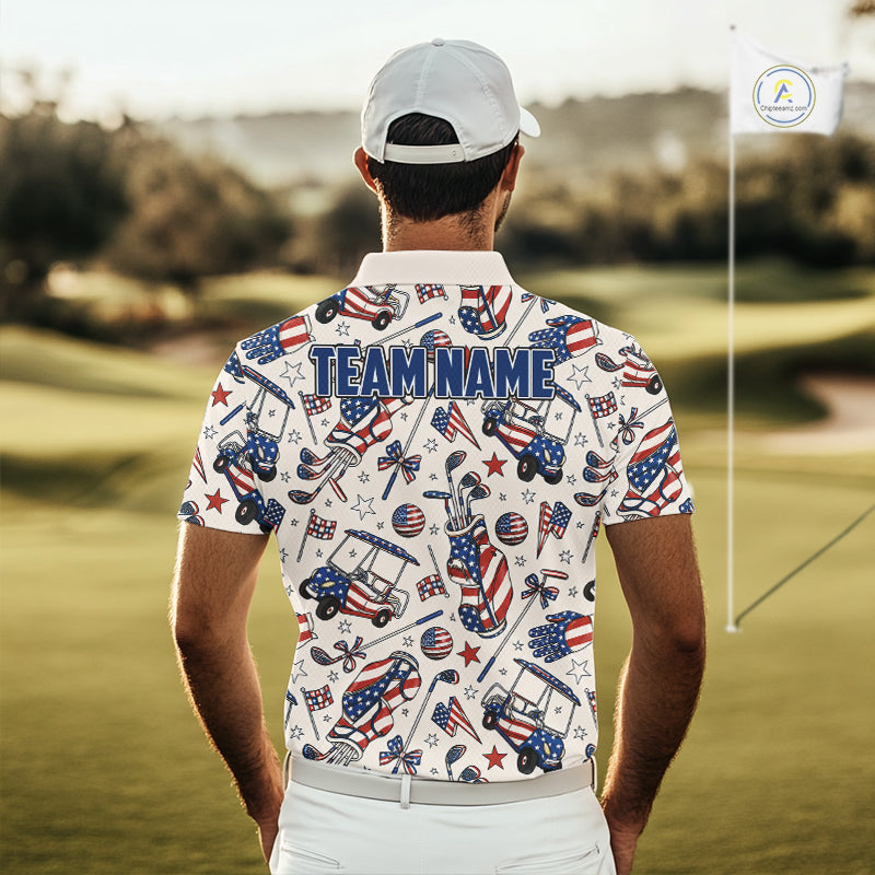 Male golfer wearing American flag golf polo with pink golf clubs during patriotic golf tournament, symbolizing freedom, brotherhood and golf tradition.