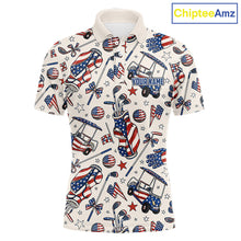 Load image into Gallery viewer, Men's patriotic golf polo featuring pink golf clubs and American flag artwork, personalized golf shirt for Fourth of July tournaments, Memorial Day golf events and USA golf clubs, representing liberty, brotherhood and national pride.