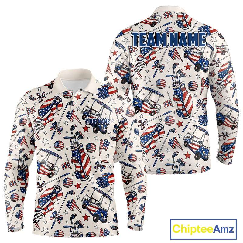 Men's patriotic golf polo featuring pink golf clubs and American flag artwork, personalized golf shirt for Fourth of July tournaments, Memorial Day golf events and USA golf clubs, representing liberty, brotherhood and national pride.