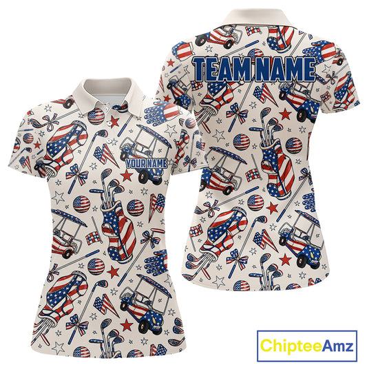 Women's patriotic golf polo with pink golf clubs, custom golf shirt for Memorial Day, Independence Day, golf tournaments and women's golf clubs