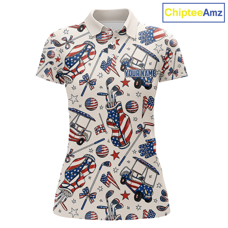 Women's patriotic golf polo with pink golf clubs, custom golf shirt for Memorial Day, Independence Day, golf tournaments and women's golf clubs