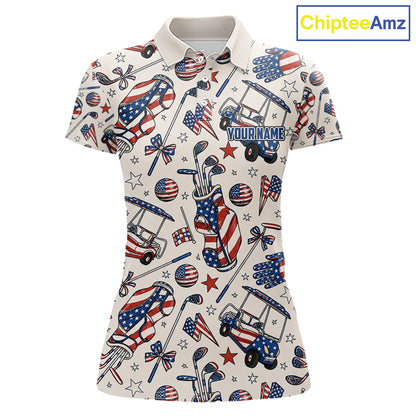 Women's patriotic golf polo with pink golf clubs, custom golf shirt for Memorial Day, Independence Day, golf tournaments and women's golf clubs