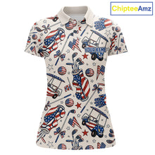 Load image into Gallery viewer, Women's patriotic golf polo with pink golf clubs, custom golf shirt for Memorial Day, Independence Day, golf tournaments and women's golf clubs