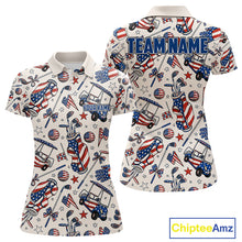 Load image into Gallery viewer, Women's patriotic golf polo with pink golf clubs, custom golf shirt for Memorial Day, Independence Day, golf tournaments and women's golf clubs