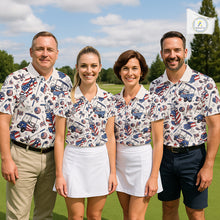 Load image into Gallery viewer, Golf team wearing matching patriotic American flag golf polos with pink golf clubs for Independence Day tournaments, representing unity, celebration and national pride.