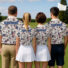 Load image into Gallery viewer, Golf team wearing matching patriotic American flag golf polos with pink golf clubs for Independence Day tournaments, representing unity, celebration and national pride.
