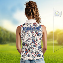 Load image into Gallery viewer, Female golfer wearing personalized patriotic golf polo for Fourth of July golf outing, ladies golf league and USA golf competitions.