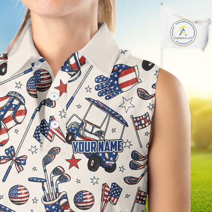 Female golfer wearing personalized patriotic golf polo for Fourth of July golf outing, ladies golf league and USA golf competitions.