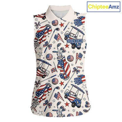 Women's sleeveless golf polo featuring pink golf clubs with patriotic American flag artwork, personalized Fourth of July golf apparel representing liberty, celebration and USA pride.