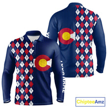 Load image into Gallery viewer, Men's golf polo featuring Colorado flag with classic golf ball argyle pattern, personalized golf apparel for mountain golf courses, golf vacations, outdoor enthusiasts and Colorado state pride, symbolizing adventure and heritage.