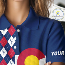 Load image into Gallery viewer, Female golfer wearing Colorado patriotic golf polo at country club, stylish golf apparel for tournaments and mountain golf trips.