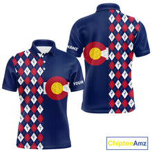 Load image into Gallery viewer, Men's golf polo featuring Colorado flag with classic golf ball argyle pattern, personalized golf apparel for mountain golf courses, golf vacations, outdoor enthusiasts and Colorado state pride, symbolizing adventure and heritage.