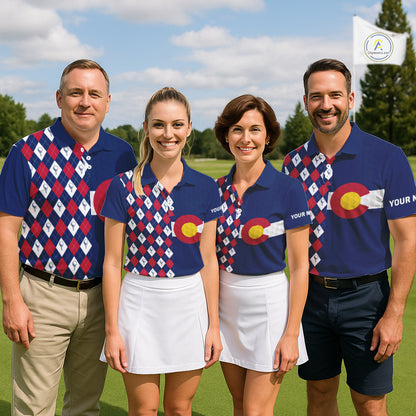 Golf team wearing matching Colorado golf polos with argyle golf ball pattern, representing teamwork, outdoor adventure and Colorado heritage.