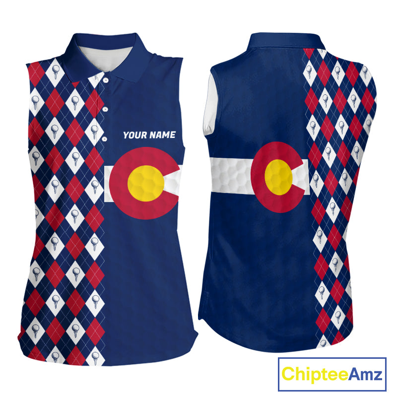 Women's sleeveless golf polo featuring Colorado flag and argyle golf ball pattern, personalized golf apparel inspired by mountain lifestyle, outdoor adventure and state pride.