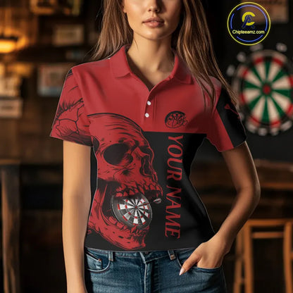 Custom Red Black Skull Dartboards Dart Shirts For Women, Dart Team Jerseys NYN0050