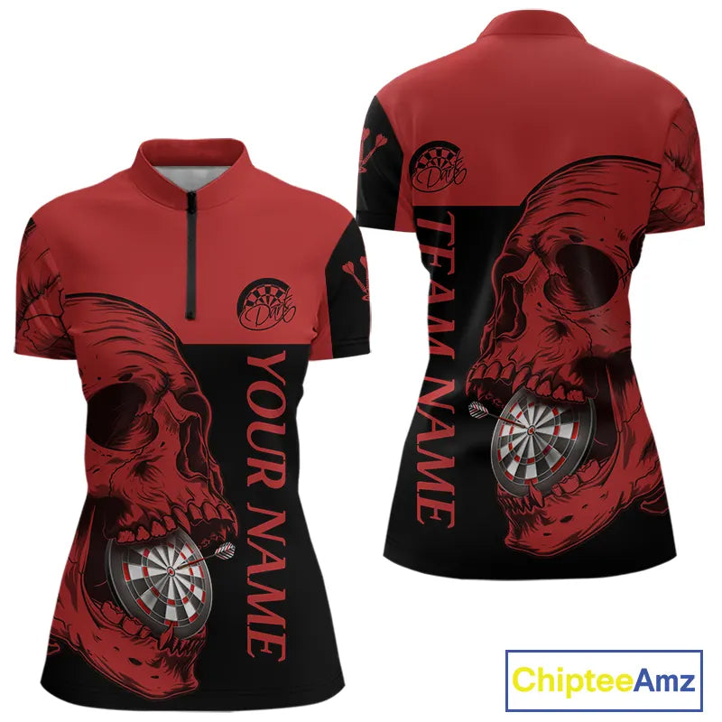 Custom Red Black Skull Dartboards Dart Shirts For Women, Dart Team Jerseys NYN0050