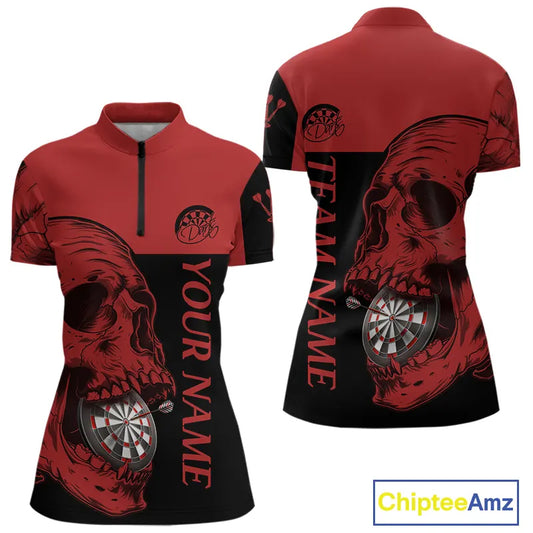 Custom Red Black Skull Dartboards Dart Shirts For Women, Dart Team Jerseys NYN0050