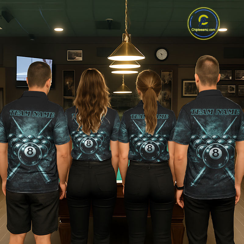 Custom Teal Smoke Grunge Skull Pool 8 Ball Men Billiard Shirt Personalized Ball Billiard Attire NYN2592